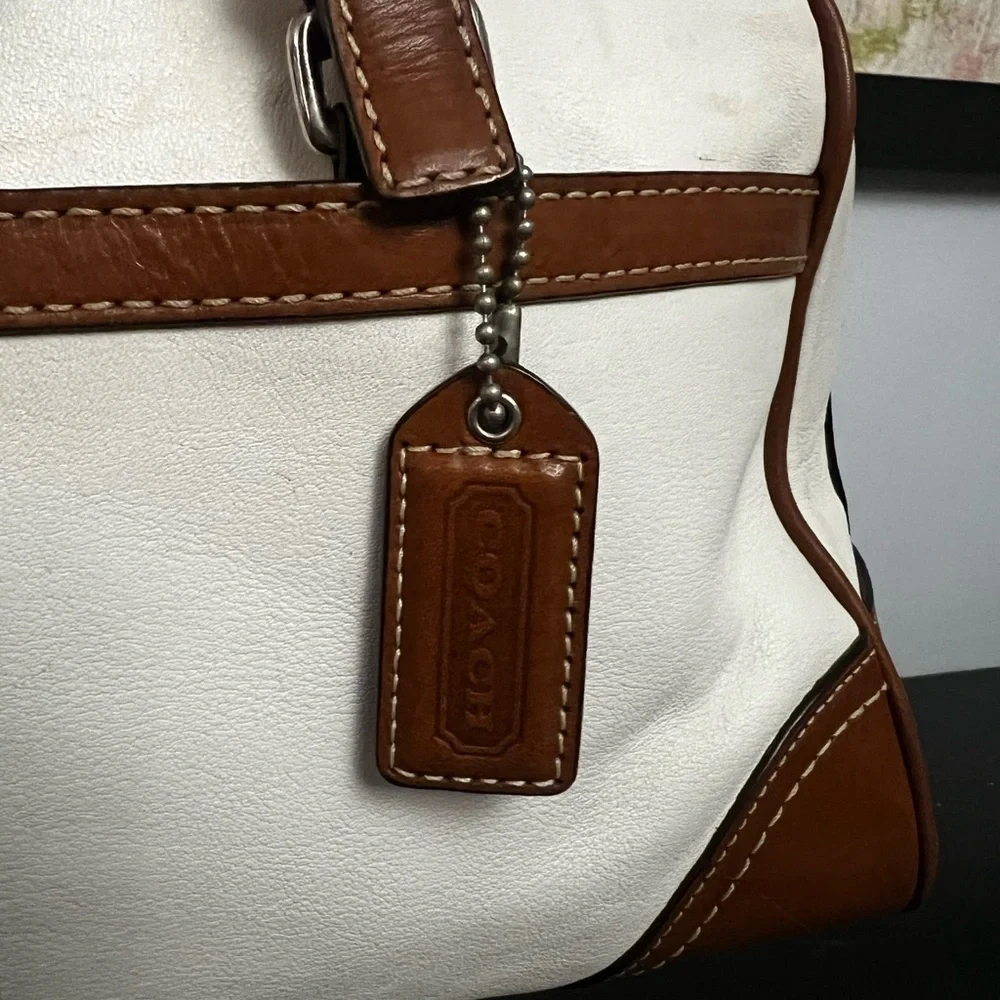 Coach Hampton Medium Ivory Beige Leather Trim Satchel Handbag 2007